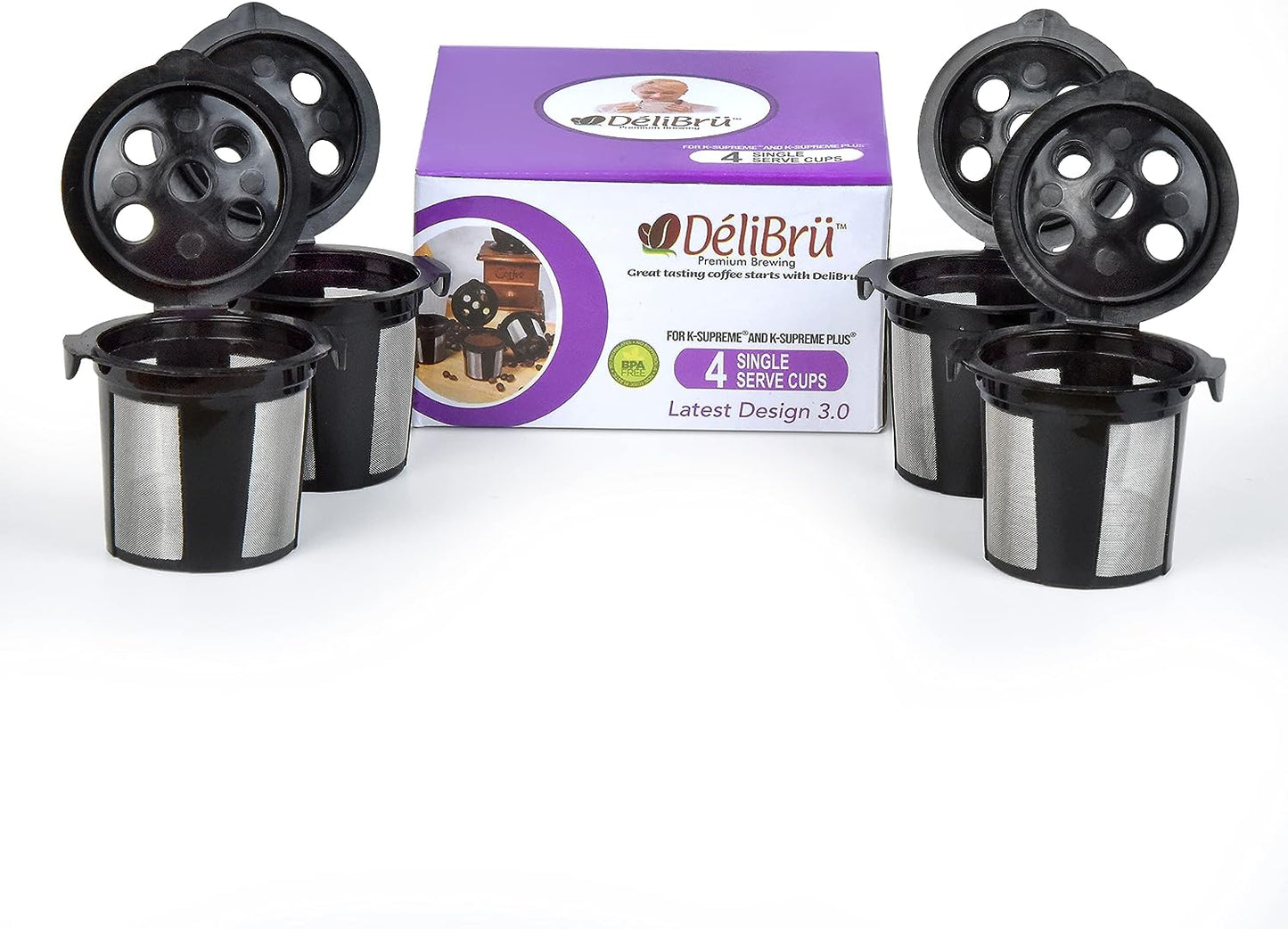 DeliBru Reusable K Cups for Keurig Supreme and K Supreme Plus Coffee Pods Filter - Pack of 4 - Refillable K Cups for Keurig Supreme Plus Coffee Maker - K cups reusable pod Keurig Supreme Accessories