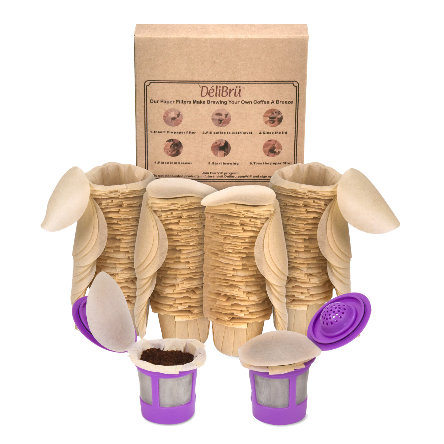 Delibru Unbleached Natural Paper Filters With Lid for Reusable K Cups Fits All Brands (700/Box)