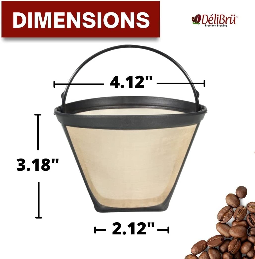 Gold Tone Delibru Cone Style Replacement Coffee Filter Basket for Cuisinart Coffee Maker - Size; Top : 4.12", Height : 3.18", Bottom : 2.12"