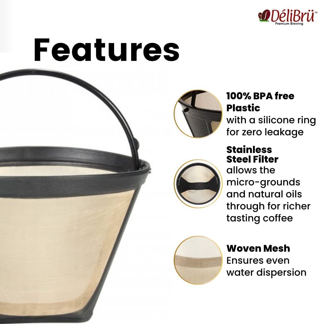 Gold Tone Delibru Cone Style Replacement Coffee Filter Basket for Cuisinart Coffee Maker - Size; Top : 4.12", Height : 3.18", Bottom : 2.12"
